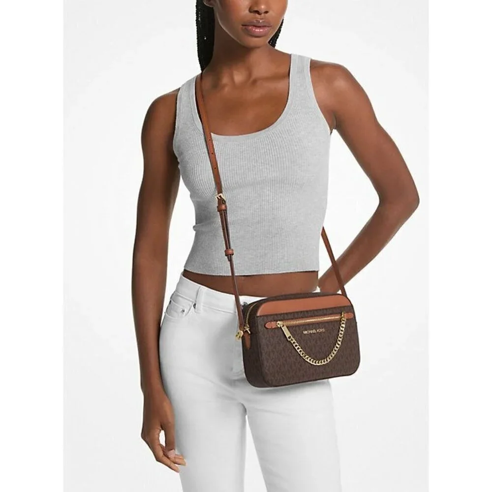 Michael Kors Womens Brown Logo Jet Set Large Crossbody Hand Bags New
